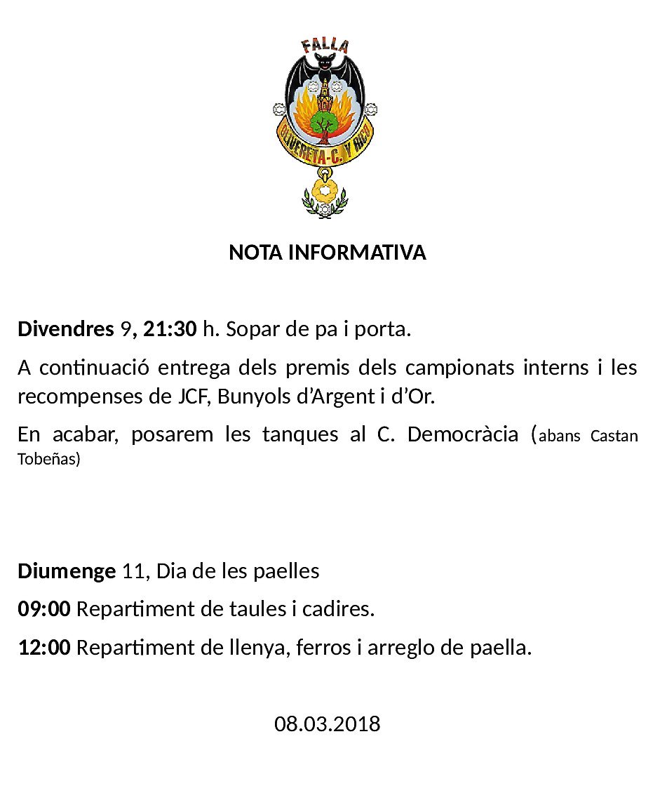 NOTA INFORMATIVA
Bon dia, adjuntem la informació rellevant del cap de setmana.
Informar-vos també que tot el programa de la setmana fallera la teniu a <a href="/Tracaperafalles/">Traca</a> no la teniu? baixeu-vos-la a goo.gl/n6cF4q (android) ó a goo.gl/NPxnjV (iOS)