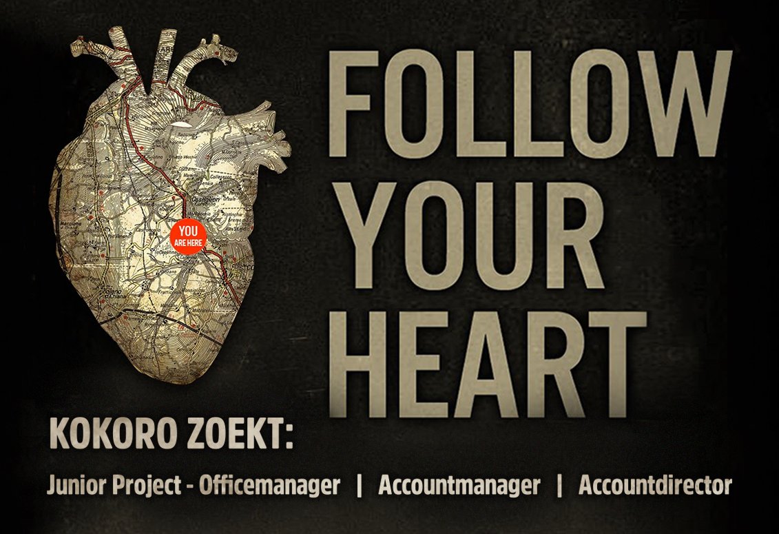 KOKORO groeit! Daarom zijn we per direct op zoek naar een: Junior Project- officemanager, Accountmanager én Account director. Ben jij of ken jij een van deze mensen? Stuur dan je cv naar frieda@kokoroamsterdam.com