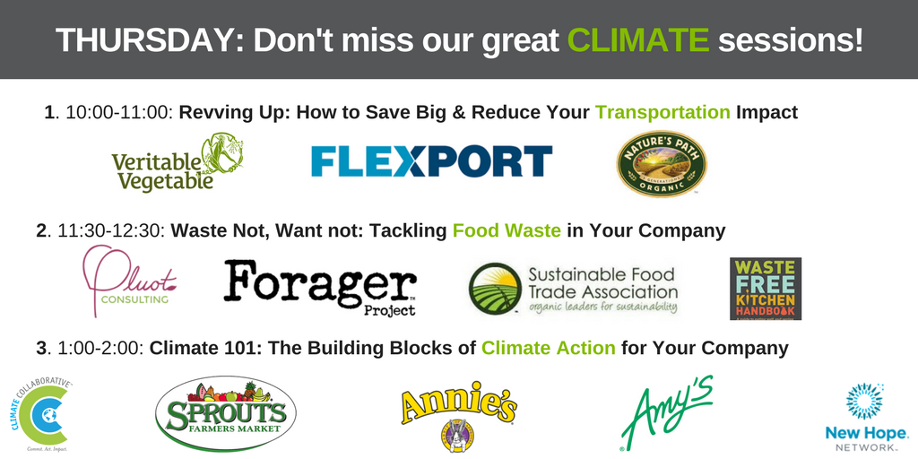 ClimateColl's tweet photo. #ClimateDay2018 is over but the #climateaction sessions continue at #ExpoWest today (THURSDAY). Don't miss 'em! With @veritableveg @flexport @NaturesPath @ForagerProject @sustyfoodtrade @PluotConsulting @sproutsfm @annieshomegrown & @AmysKitchen https://t.co/Hpwr8nw0W3