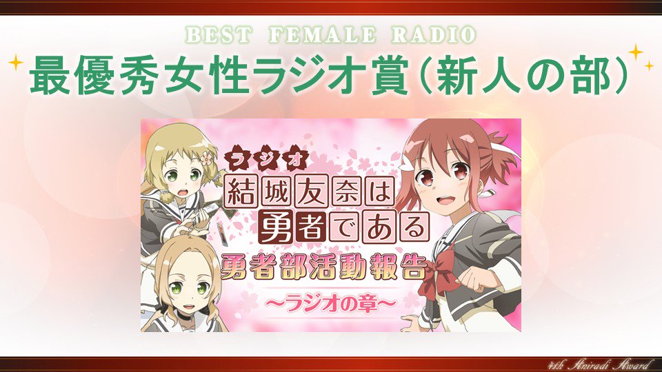 アニラジアワード 公式 第4回 アニラジアワード 最優秀女性ラジオ賞 新人 は 結城友奈は勇者である 勇者部活動 報告 ラジオの章 が受賞しました ただいま授賞式の模様を生放送中 T Co Xp1fbpq2hb アニラジアワード Yuyuyu T
