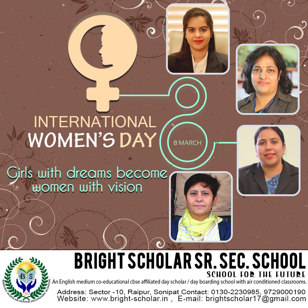 ScholarBright's tweet photo. A beautiful #woman draws #strength from #troubles, smiles during #distress, and grows #stronger with #prayers and hope. 

Bright Scholar School wishing you a very Happy Women's Day!!!

Call us :- 9729000190, 0130-2230985
Address-Sector 10, Raipur ,Sonipat https://t.co/9ob5WAPGCf