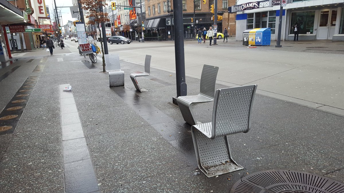 unpleasanting's tweet photo. Redesign of the Granville street and urban furniture for 2010 winter Olympics in Vancouver. Plenty #unpleasant ideas and designs. No sleeping. https://t.co/2Womz10cdW
