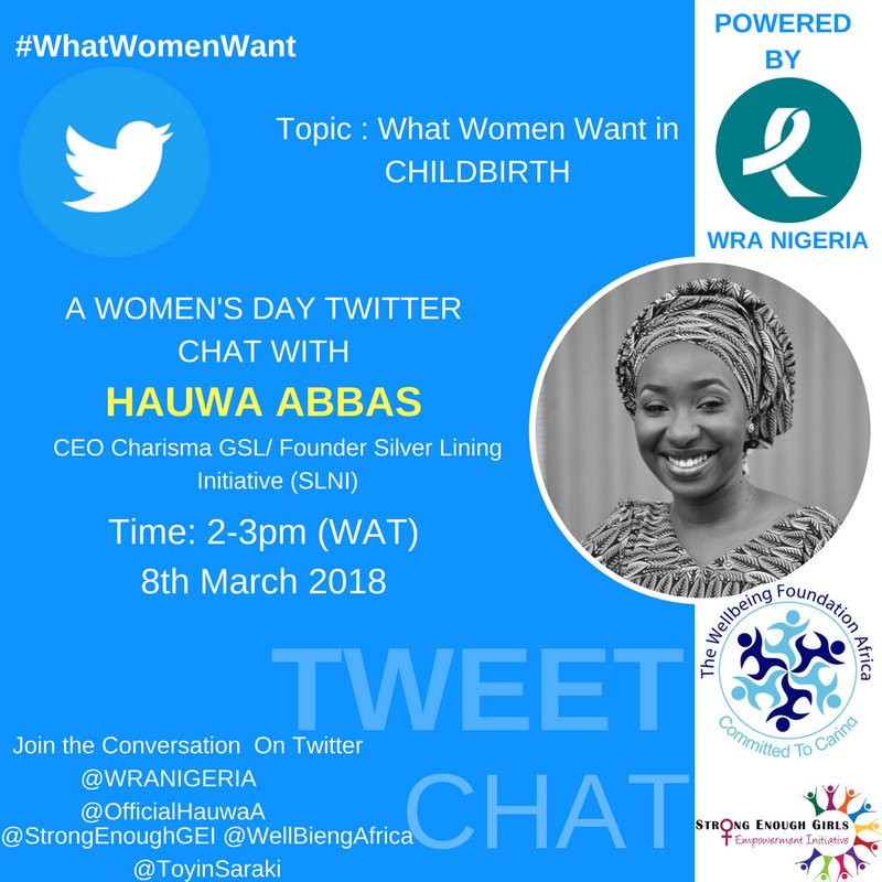WRANigeria's tweet image. Good afternoon everyone and welcome to our tweetchat. We will be having our discussion on the topic: "What Women Want in childbirth (our Wants, needs and desires)