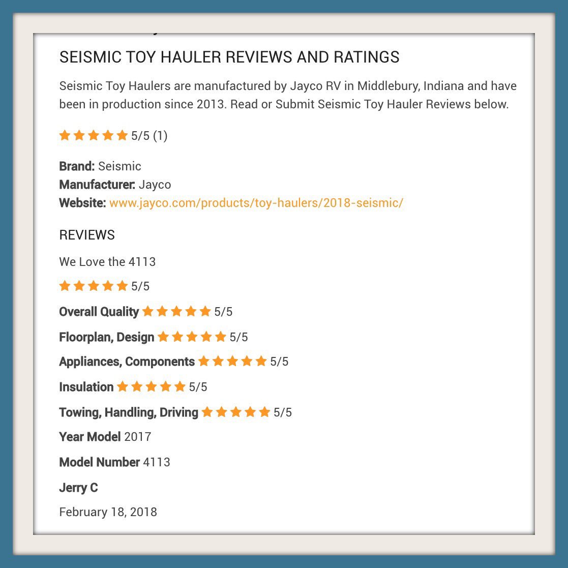 rvrater's tweet photo. Seismic Toy Hauler gets a 5 Star Review! Thank you Jerry for taking the time to Rate your RV! #rvreviews #rvratings #rvrater #rvlife #rvlifestyle #rvliving #rvcamping #fulltimerv #seismic #toyhauler #jaycorv https://t.co/fiZQjHWpHd https://t.co/GoBFSV9xEN