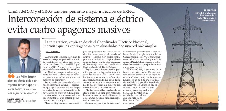 coord_electrico's tweet photo. Hoy en @EYN_ELMERCURIO el Director Ejecutivo del Coordinador Eléctrico Nacional @d_salazar_j se refiere a los beneficios alcanzados luego de la interconexión entre el SING y SIC https://t.co/lfkVoXawTY