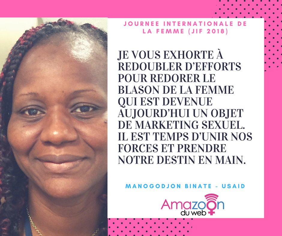 amazoonduweb's tweet photo. JOURNEE INTERNATIONALE DE LA https://t.co/WKlcPRESGP femme n'est pas un objet de marketing sexuel. Femmes, il est grand temps de prendre notre destin en main.Bonne fête à toutes les femmes. Message de Madame Binate MANOGODJON de l'USAID adressé à toutes femmes. #JIF2018 https://t.co/VPf6vze6YT