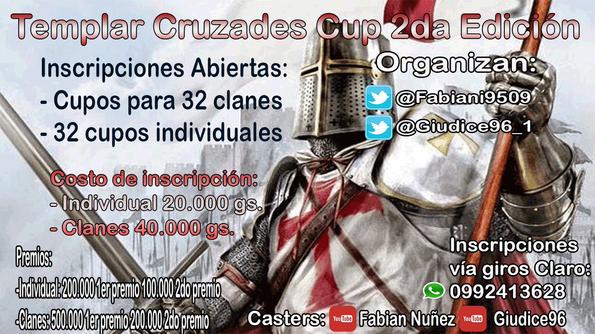 CruzadasT's tweet photo. Oficialmente incripciones abiertas para clanes y jugadores en emprender la gloriosa templar cup 😎
@fabiani9509 https://t.co/GWsB1pn08s