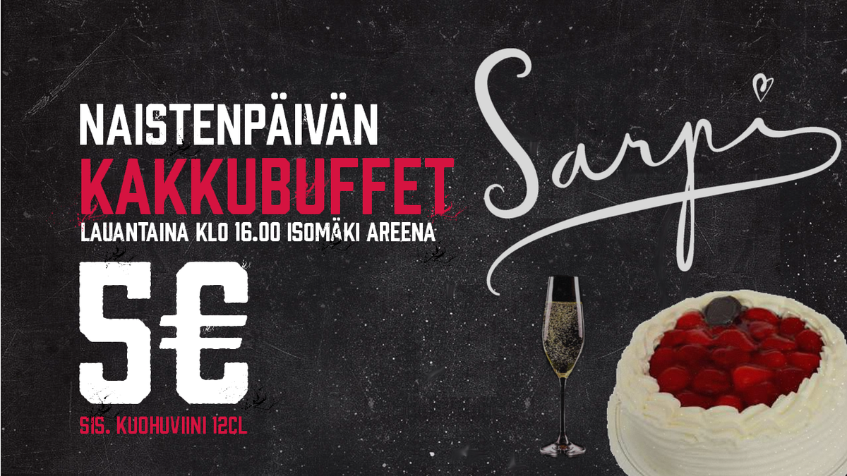 PorinAssat's tweet photo. Hyvää Naistenpäivää!!

Lauantaina #Ässät - #HIFK -ottelussa kakkubuffet + lasi kuoharia - 5 €

#Ässät #YHDESSÄ #Liiga https://t.co/AzummlsR9O