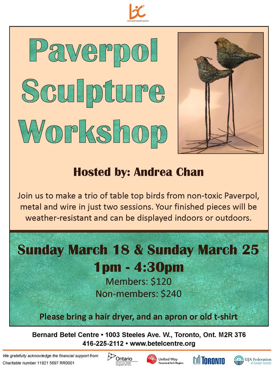 betelcentre's tweet photo. Join us Sunday, March 18 and 25 for a #Paverpol #Sculpture #Workshop. Make a trio of table top weather-resistant birds from non-toxic Paverpol, metal and wire. For more info or to register, please contact Jen at jenm@betelcentre.org or 416-225-2112 x105. #Toronto #art #class https://t.co/CG89wU7FDA