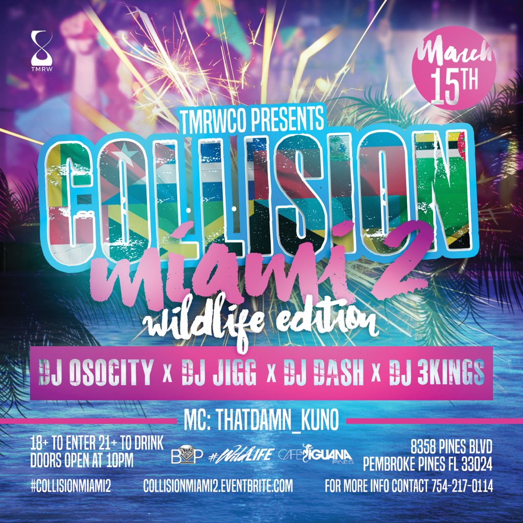 TMRWCO's tweet photo. The Spring Break Kickoff and the Touchdown! 18+ everybody!
This Friday 3/9: #CheektopiaMiami
https://t.co/OKzikaSxjd
Thursday 3/15: #CollisionMiami2
https://t.co/kNLuKZ9l1V
#MiamiSpringBreak https://t.co/L1Mm7vmEsu