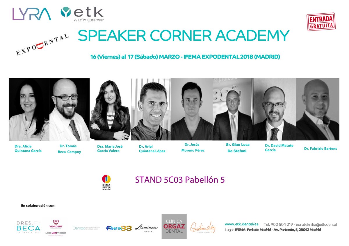 Etkiberia's tweet photo. En LYRA-ETK tenemos el placer de anunciarles que la próxima semana estaremos en EXPODENTAL (MADRID 2018). ¡Acérquense a nuestro STAND 5C03 Pabellón 5 y descubran nuestro programa de formación SPEAKER CORNER ACADEMY! https://t.co/BUAhrLSoK4