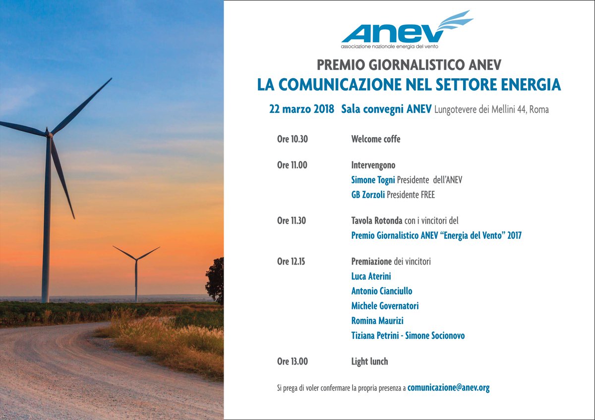 AnevEolico's tweet photo. PREMIO GIORNALISTICO ANEV 2017
L’ANEV annuncia i vincitori che riceveranno il premio il 22 marzo 2018
 #eolico #energia #ambiente
 https://t.co/fcacx2FKWW https://t.co/nNaDOs3zgS