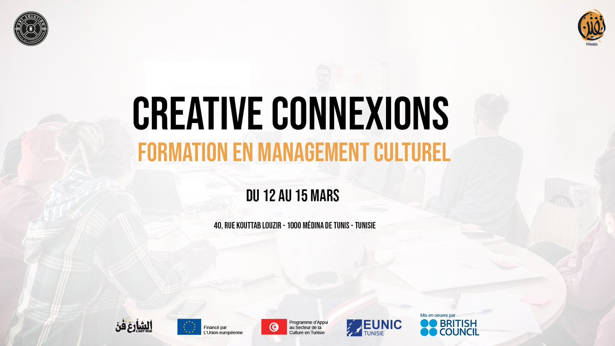 ART_SOLUTION_TN's tweet photo. 3ème SESSION DE FORMATION EN #MANAGEMENT_CULTUREL #CREATIVE_CONNEXIONS
@tnBritish @ART_SOLUTION_TN @EUNIC_Global @LUnionEuropenne #Tfanen_Tunisie_Créative @LArtRueTunisie #Ministère_des_affaires_culturelles_TN https://t.co/PVLAIRgTH4