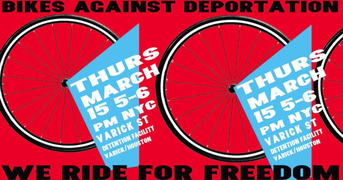 KeeganNYC's tweet photo. Yo #BikeNYC. Ride Against Deportation, Protest at the Varick Street Detention Facility. Thursday, March 15, 5–6 PM: https://t.co/Gjflb9O8dC https://t.co/6pOmVY2pvc
