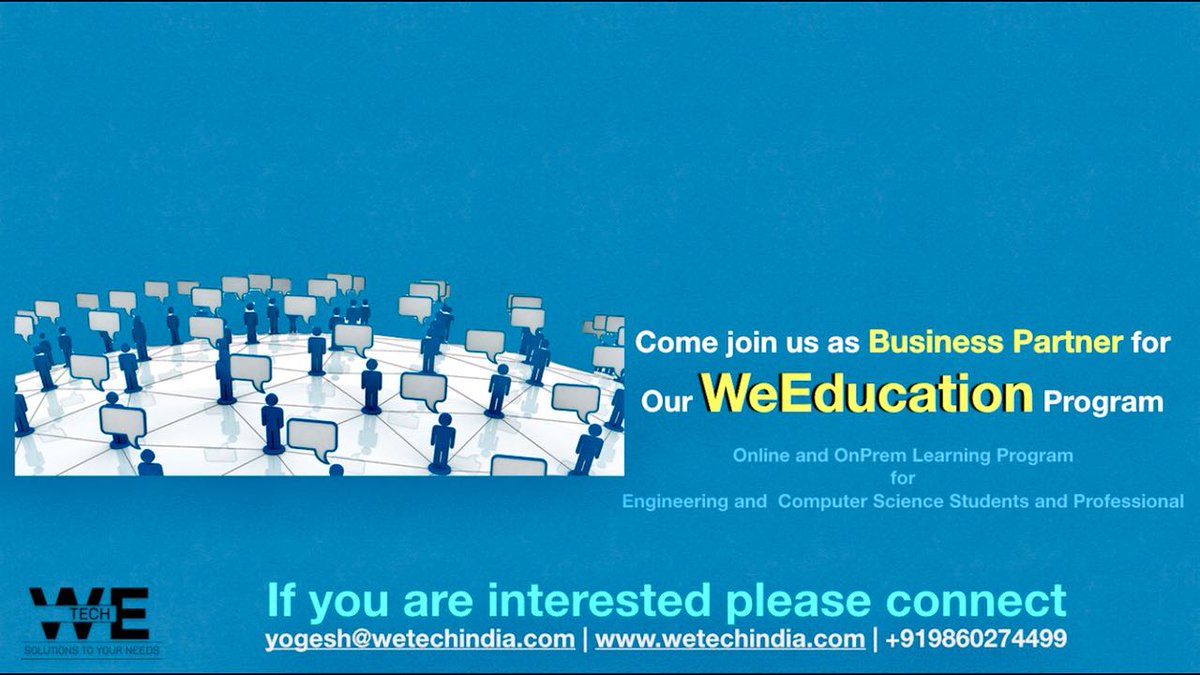 WeEducation7's tweet photo. Come join us as Business Partner for our #WeEducation Program.
If you are interested please connet-
yogesh@wetechindia.com|9860274499
@wetechsys @yogeshmaid @IBMIndiaJobs @IBM @IBMBlockchain @Sanjivani_Group @SinhgadCollege @dktestei @viit_pune @TPO_SSVPSCOE https://t.co/tuGjtS6XY6