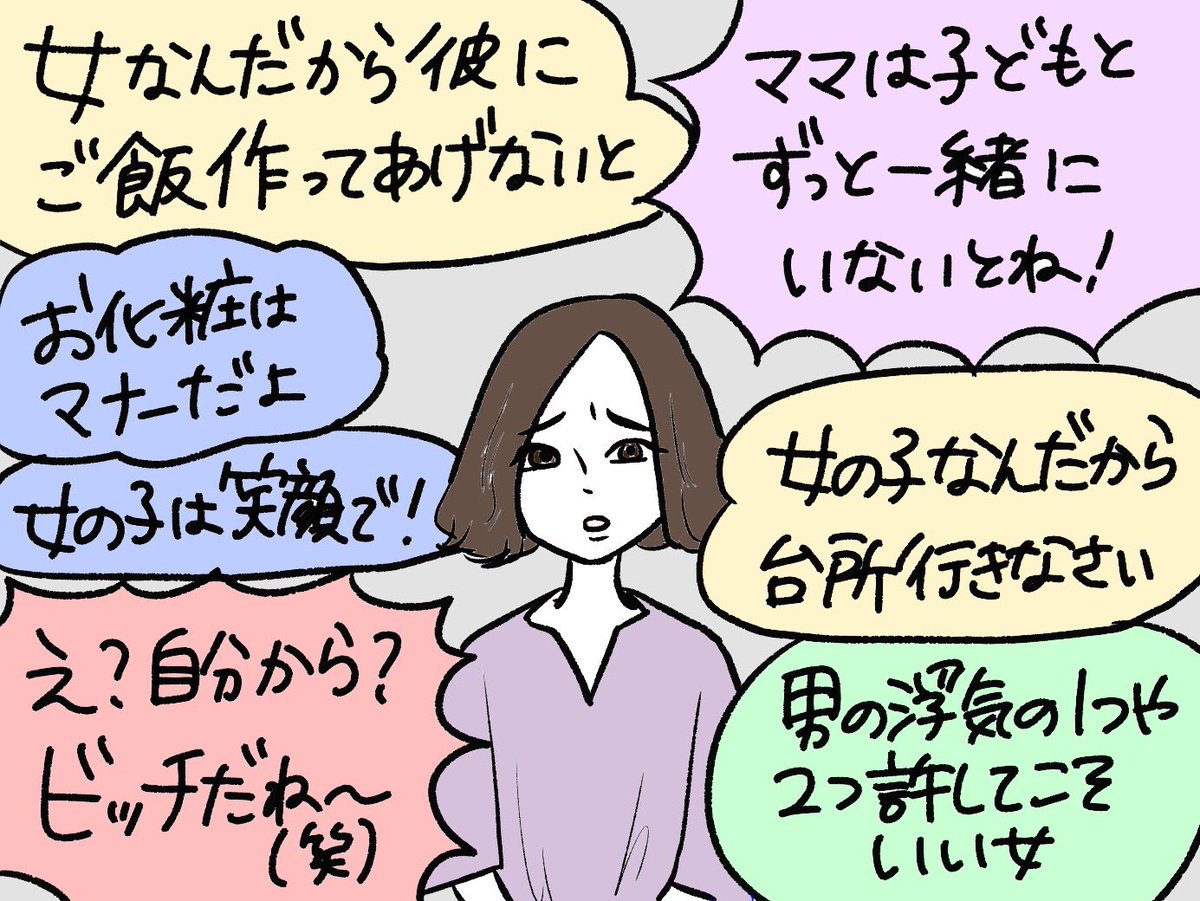 犬山紙子 女なんだから 男なんだからという呪い バズフィードさんで３つ漫画の記事を書きました まだ見てない方は是非 どんな性の人も 性別のせいで窮屈な思いや不当な事から解放されると良いな こんな処世術 必要なくなるといいなあ 国際女性デー