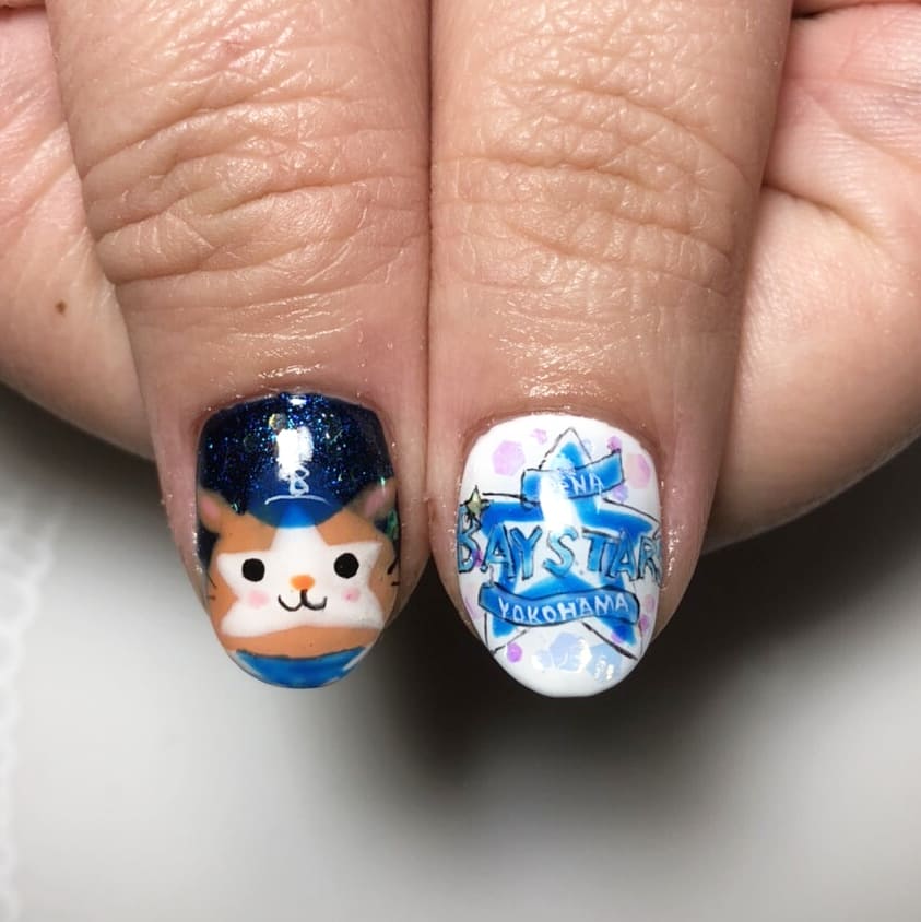 Hisae Nail 友達ネイル ベイスターズネイル 再来週 開幕戦 らしい これからはベイスターズネイルのターンとのことで 私も楽しみ 今回もありがとうございました ネイル 痛ネイル キャラネイル ネイルアート 手描きアート ベイスターズ Nail