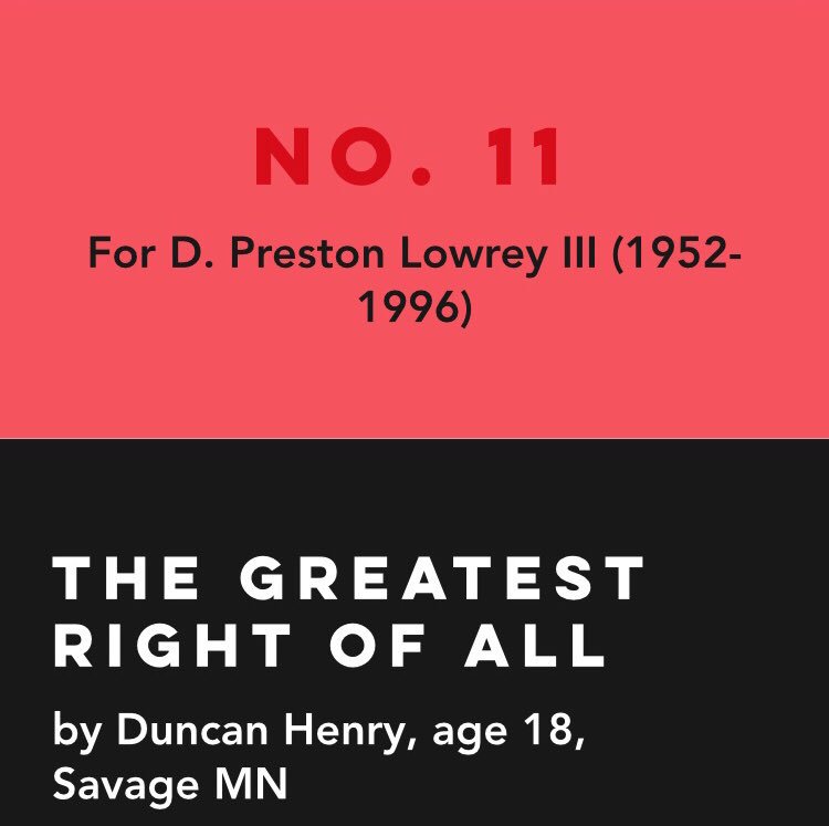 ProjctIRemember's tweet photo. No 11. For D. Preston Lowrey (1952-1996).
Duncan Henry honors him with his piece, “The Greatest Right of All”.
Read more on our website! Link in our bio. https://t.co/e6A16Xc4L7