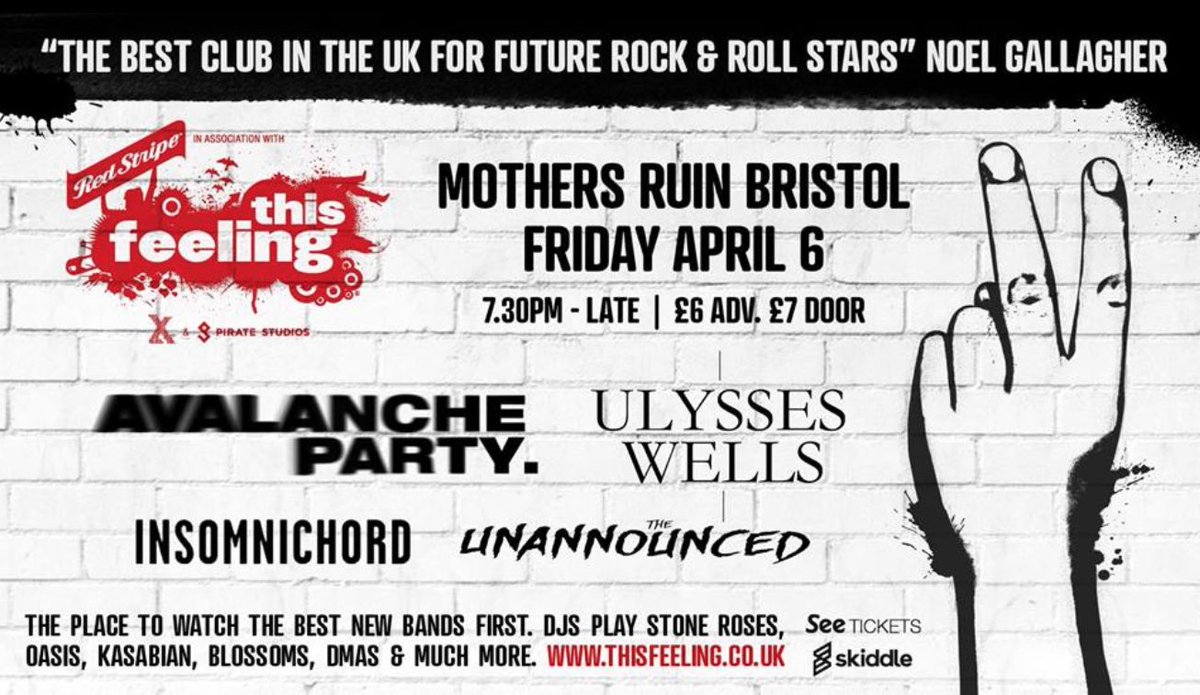 This_Feeling's tweet photo. #JustAnnounced @Ulysses_Wells @Ins0mnichord + @TheUnannounced join @avalanche_party at @TheMothersRuin #Bristol April 6

Tix: @seetickets + @skiddle https://t.co/YheDwFev1z