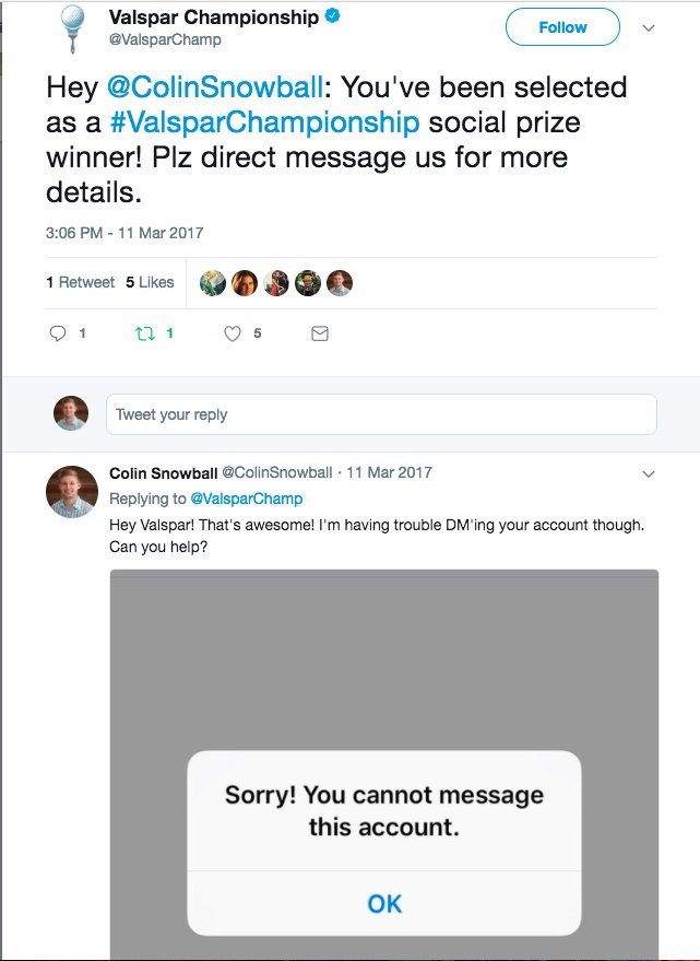 ColinSnowball's tweet photo. Hey @ValsparChamp last year you said I won a prize and to DM you but I never got through or heard back from my tweets @ you ... I'll be there again on Saturday :) #ValsparChampionship #prize https://t.co/p2cMO5EZ8q