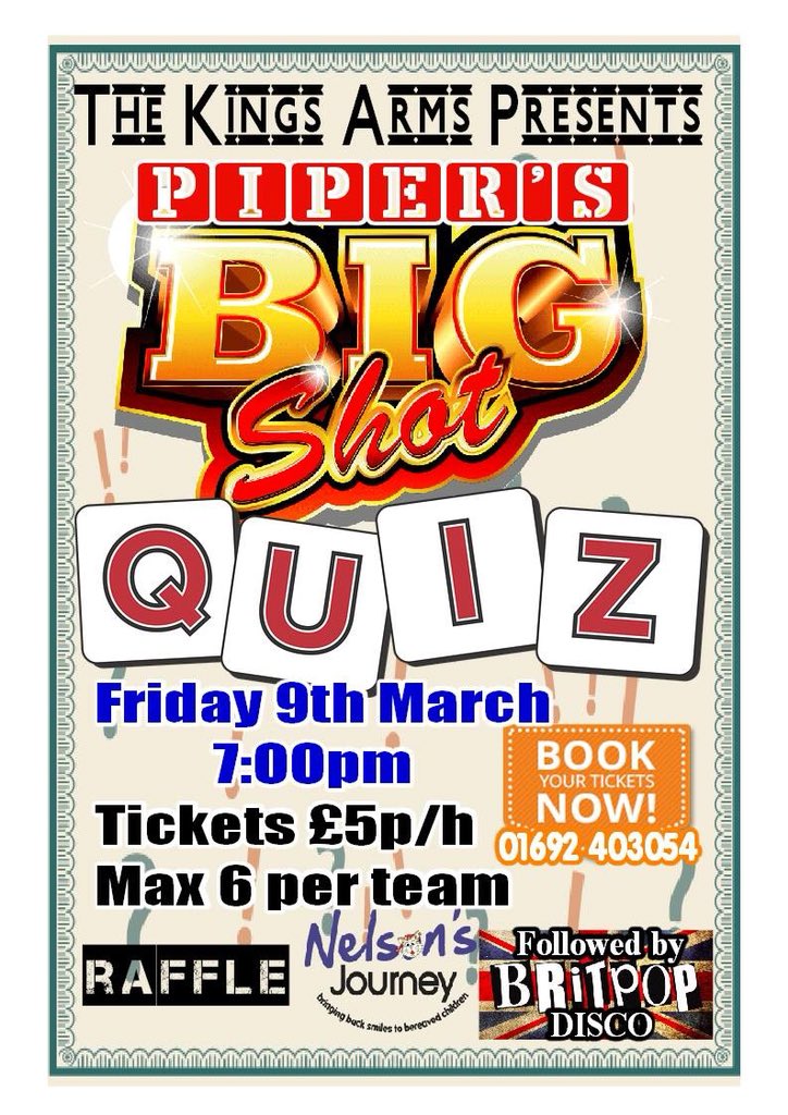 The_KAhotel's tweet photo. Pipers Big Shot Quiz this friday @The_KAhotel in aid of @nelsonsjourney https://t.co/Uz1zGGTva6