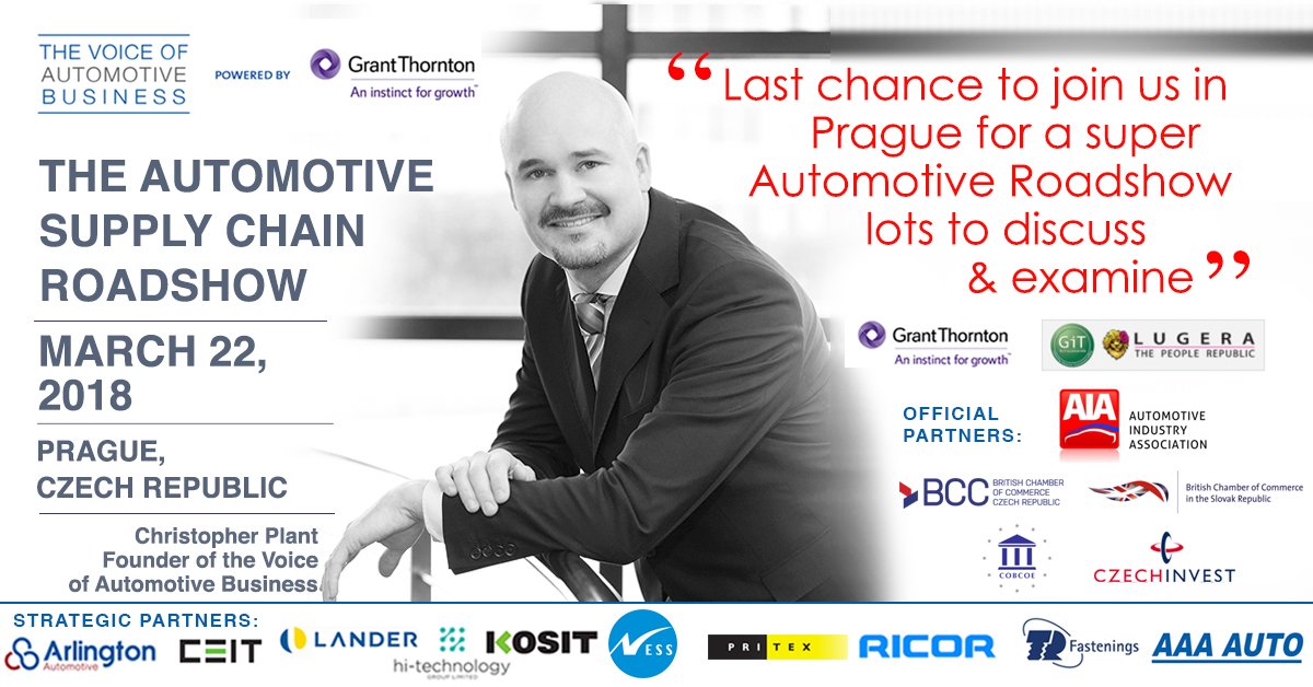 thevoiceofauto's tweet image. Last call for the #Automotive #Roadshow. #vobevent See Agenda: bit.ly/2oYYhxk Join 100+ attending this event. Places still available #Prague on #March22 @GrantThorntonCz @GrantThorntonSK @Grant @GT_CEE @LugeraRO @COBCOE @AutoSAP_CZ @CzechInvest_CZ @BritChamCZ @BritChamSK