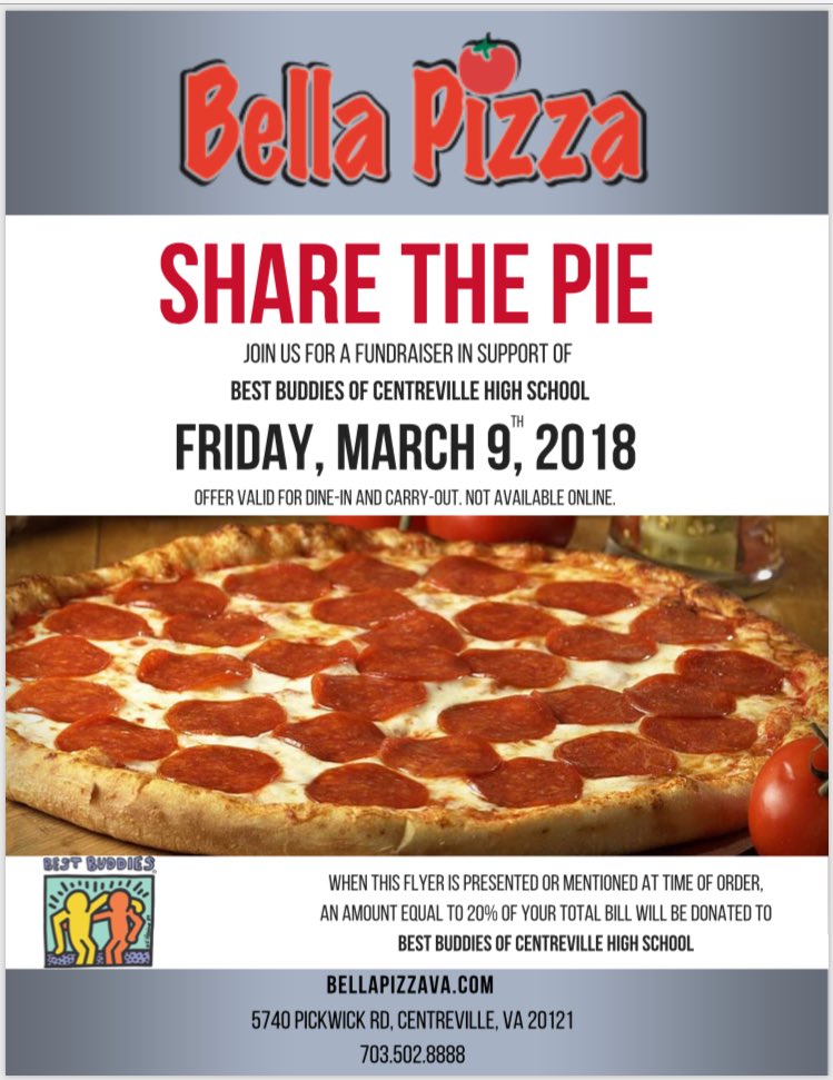 CVHSBestBuddies's tweet photo. Order pizza this Friday from Bella pizza and mention CVHS Best Buddies! https://t.co/F44lsYudUC