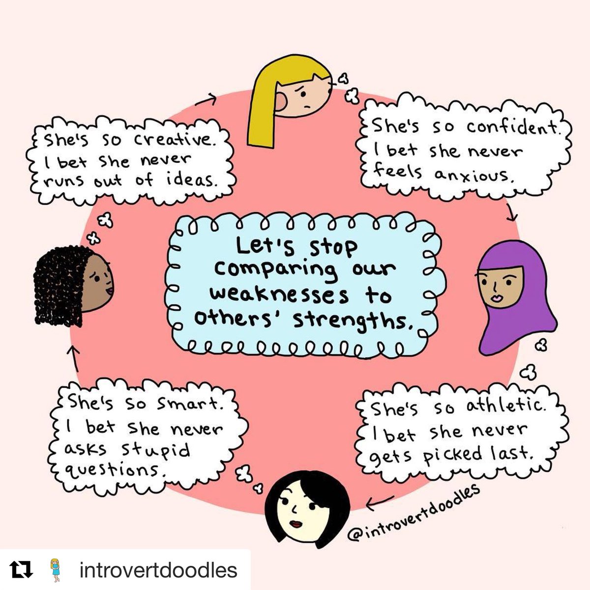 IntrovertDoodle's tweet image. A repost today. Let’s celebrate each other’s strengths &amp;amp; remember that we each have something beautiful to share. To all the women out there who have touched my life with your compassion, humor, and unwavering support: thank you ❤️