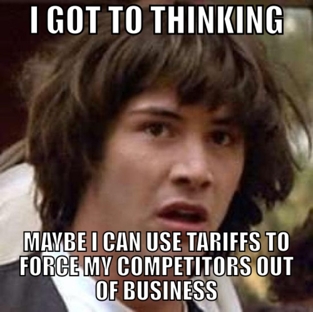 EconInOneMeme's tweet photo. Tariffs are cronyism. Protecting a certain industry from competition ensures higher prices and less innovation. #FreeTrade is #FairTrade #econtalk #econchat Say NO to #tariffs https://t.co/k4D9sh2ixS