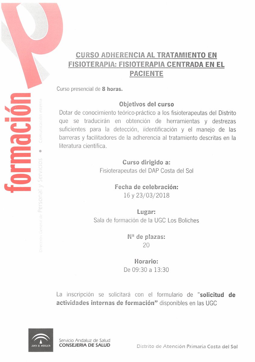 FormDSCostaSol's tweet image. Inauguramos nuestra actividad formativa 2018 con un curso destinado a #fisioterapeutas. Aún estás a tiempo de inscribirte. @FisioUGCLagunas #AdherenciaAlTratamiento