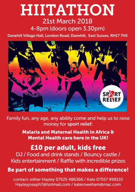 MightyMamasUK's tweet photo. Be part of something that makes a difference ... calling all #Sussex fitness folk - come along to a #HIITathon on Wed 21 March at Danehill Village Hall to support @sportrelief and raise money for malaria and mental health care in Africa and #mentalhealth in the UK #sportrelief https://t.co/43kLwik4SL