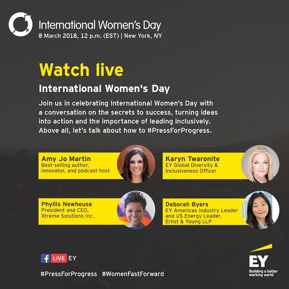AmyJoMartin's tweet photo. Happy International Women's Day. Join me live at 12pm ET on Facebook for @EY_US's #PressForProgress event. I'll share my journey &amp; tactical, tangible tips on how we can get from idea to action. #InternationalWomensDay Watch here: https://t.co/mHHcwlsbcj https://t.co/UjXYFoGK6T