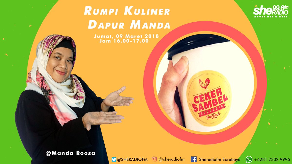 sheradiofm's tweet photo. Simak besok besok Rumpi Kuliner Dapur Manda bersama teman2 dari @cekersambel_yukrah jam 16.00-17.00 ya Teman She, don't miss ituππ
.
.
.
.
#rumpikulinerdapurmanda
#programradio
#sheradiofmsurabaya
#radiosurabaya
#radiohitssurabaya
#kulinersurabaya
#woman
#perempuan https://t.co/mJXak1cmEf