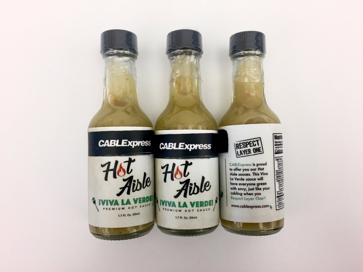 CABLExpress's tweet photo. We're continuing to spice things up this year at #DataCenterWorld. Stop by booth 647 to get our newest Hot Aisle Hot Sauce, Viva La Verde. #RespectLayerOne https://t.co/8tKlXa8SeZ