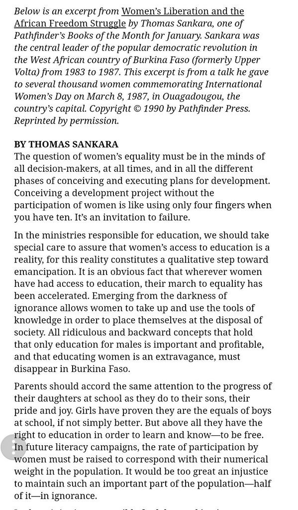 OnlyAfricaFacts's tweet photo. No better way to commemorate #IWD2018 than to revisit one of the greatest speeches ever delivered, by one of Africa's greatest sons, Thomas Sankara to thousands of Burkinabé women commemorating the International Woman's Day, on March 8, 1987.

It's such a fascinating speech. https://t.co/RWDvKlAxOO