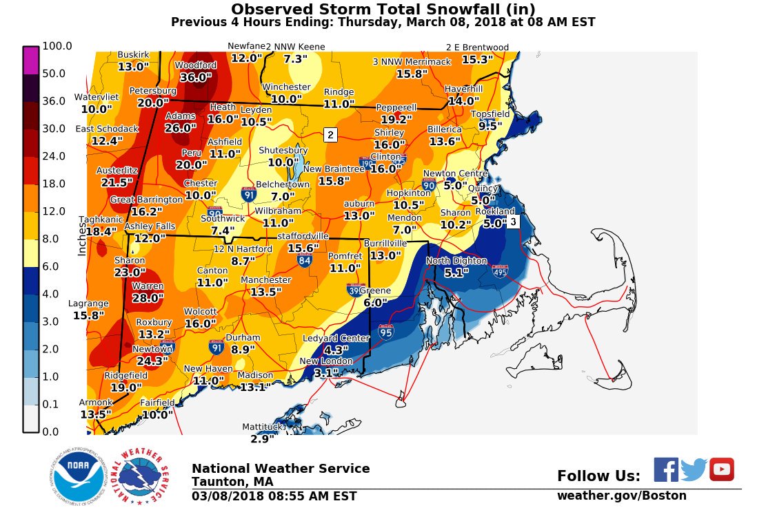 TMCMGenaro's tweet photo. Cool map from @NWSBoston showing how just a few miles separated vastly different snow totals in yesterday's northeast snow storm. Baseball season is now on an unwanted delay for many NY and NE schools.

@BabsonBaseball #ctbase #headsouth @d3baseball @NECollegeBsbl https://t.co/2JJpTYgrnc