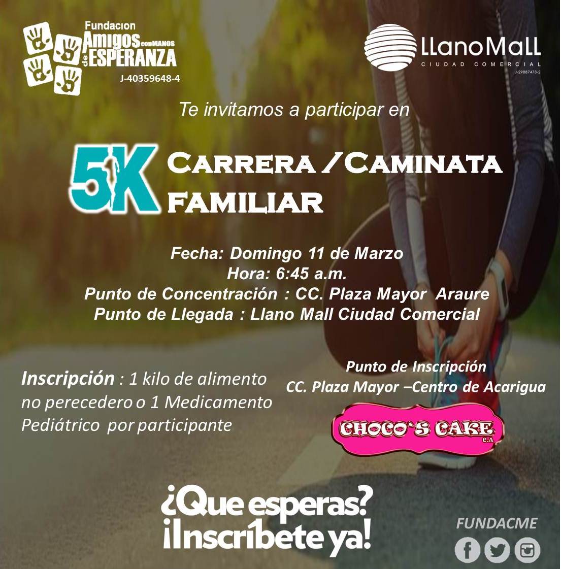 #CarreraCaminataFamiliar 💪💪organizada por <a href="/Fundacme/">Fundación Amigos con manos de Esperanza</a> 
💡💡 Utilizaremos estos alimentos para preparar desayunos y almuerzos para los niños y niñas que se encuentran en los hospitales y calles de nuestra ciudad 🏃🏻‍♀🏃🏻‍♀Te Esperamos 🏃🏻‍♂🏃🏻‍♂
Contacto 0414-3734103