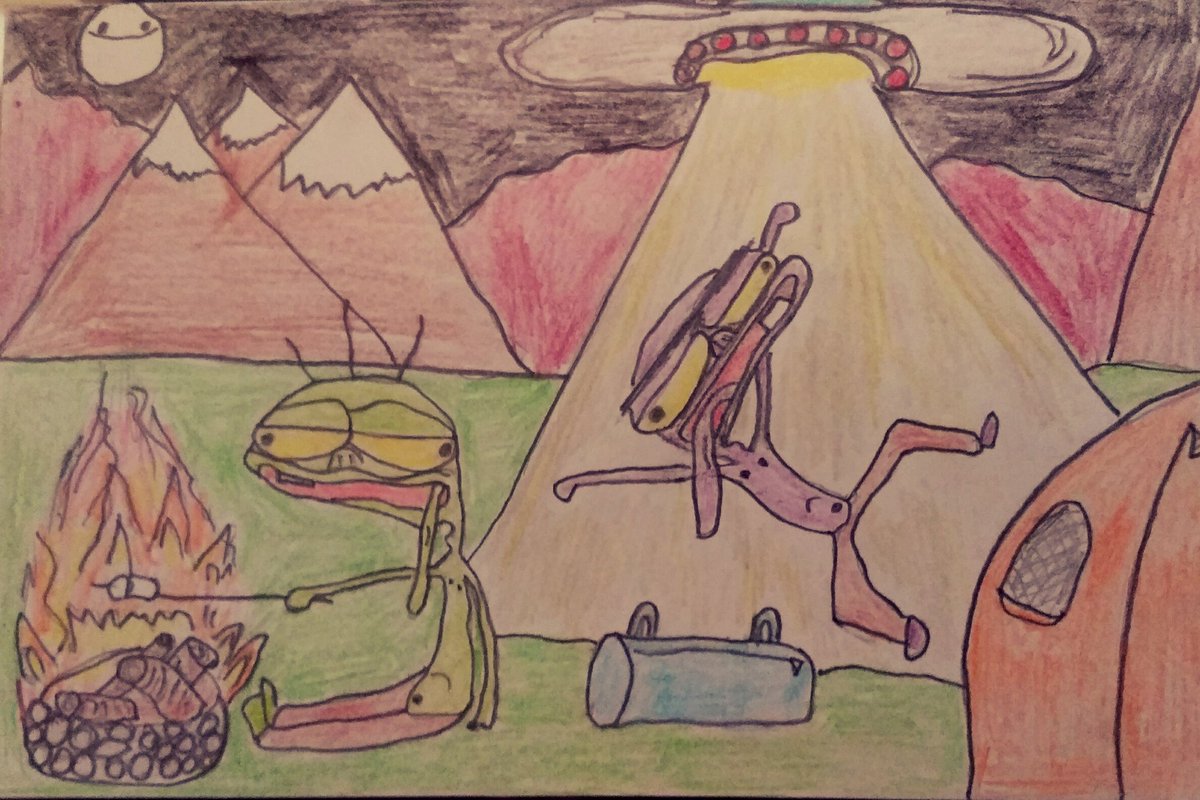 MerlinAndMelvin's tweet photo. Camping. #Camping #UFO #Merlin #Melvin #Purple #Green #Monsters #Campfire #HappyCampers #Aliens #Gooey https://t.co/zEAqj8JRhg