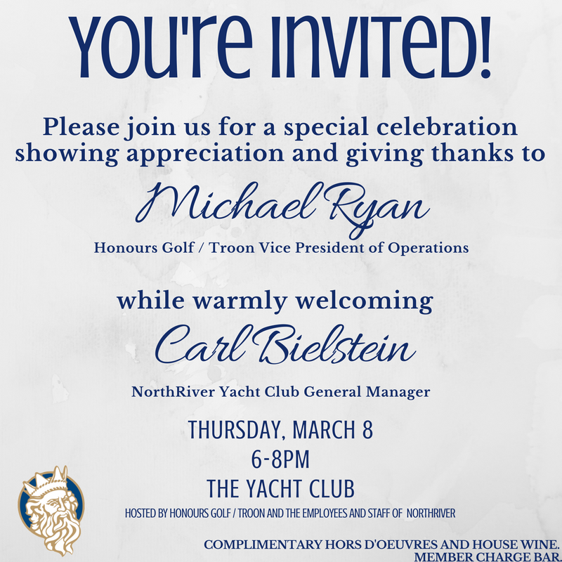 NRYC Members, 

Don't forget that member dining is closed tonight due to our special celebration honoring Michael Ryan and welcoming Carl Bielstein at the Yacht Club from 6-8pm! We hope you can join us!