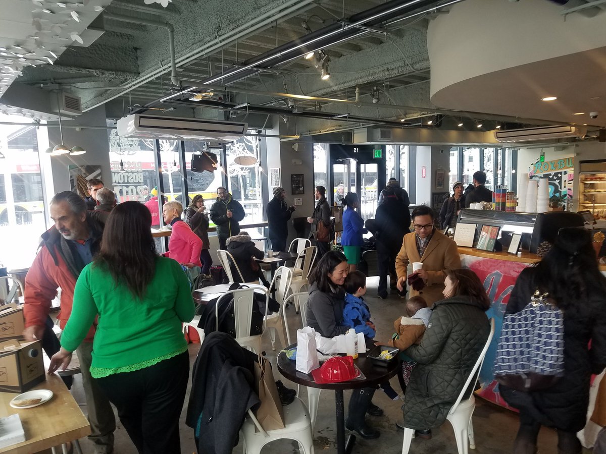 Full house at @Dudley_Cafe after this morning's @StreetsBoston #BetterBuses rally! Neighbors, electeds, and advocates stayed for coffee and connecting #transitequity #Roxbury #bospoli #mapoli