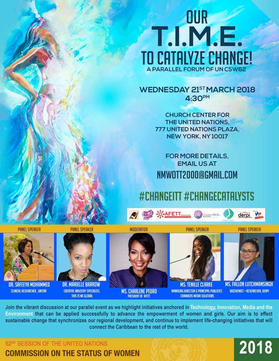 tenilleclarke1's tweet photo. On March 21st, I'll have the opportunity to join a distinguished panel of Trinbagonian women at @UN Headquarters in New York to address the 62nd @UNWomen Commission on the Status of Women. 

Super excited! 

#IWD2018 #InternationalWomensDay #ChangeiTT #ChangeCatalysts #TimeIsNow https://t.co/e7AmgR36Ry