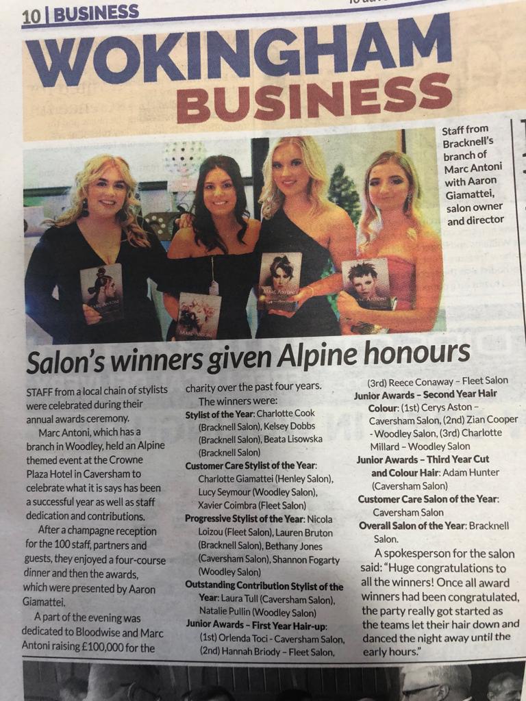 Throwback to the great article in the Wokingham paper a couple of weeks ago.
#marcantonihair #awardsnight #totalcare #bracknell #thelexicon #caversham #fleet #henley #woodley #teamwork #passion #driven #salon #wella #wellafamily