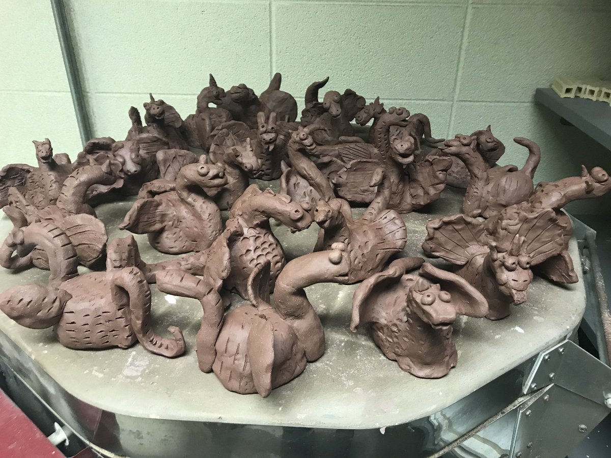 Amazing clay dragons waiting to go in the kiln, created by Mrs. Hamden’s talented 5th grade students. #rtlearns #d56achieves @GurneeD56