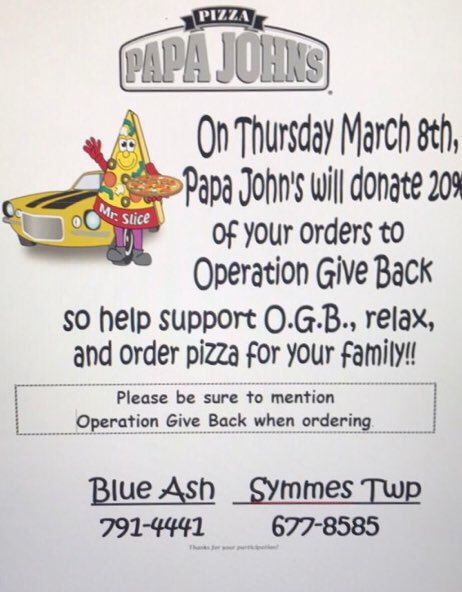 Fundraiser today at Papa John’s for Operation Give Back! Be sure to mention OGB when you go👍