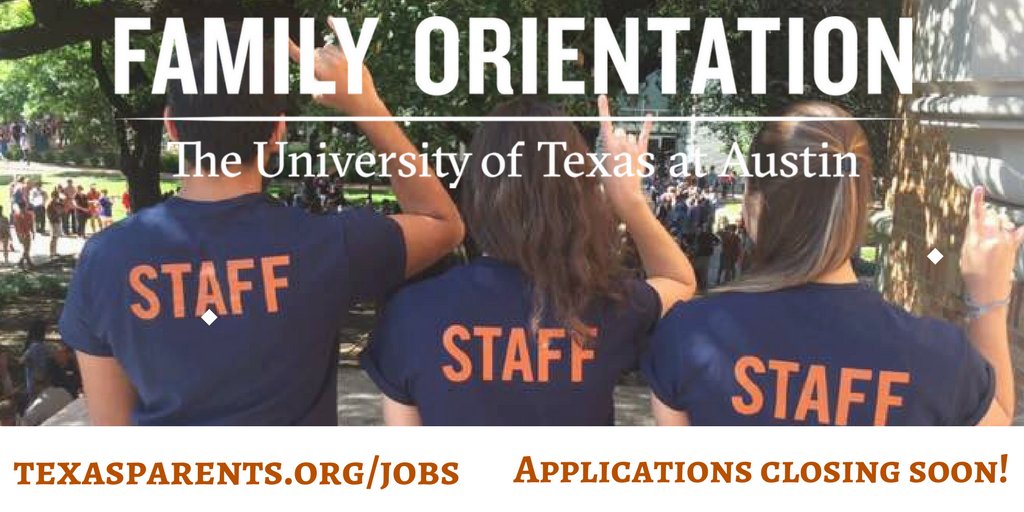 UT_SSB's tweet photo. Need a fun, flexible summer job in Austin? Apply to join the Family Orientation team: https://t.co/sQNBfpbNR9 #UTFamilyO https://t.co/ej5vc19o1x