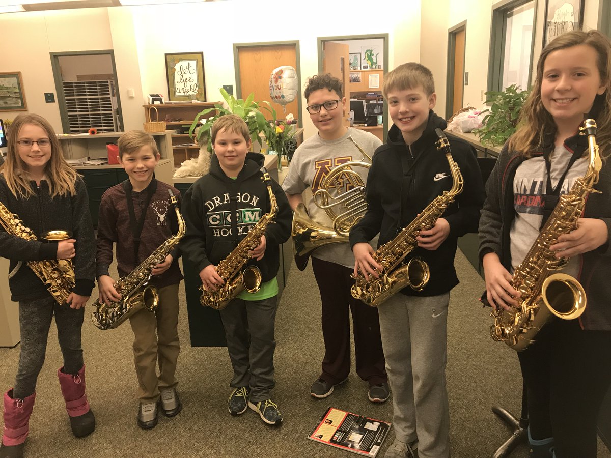 PCEDragons's tweet photo. During this morning's announcements 6 Elementary band students played "Batta Breeze" on their saxophones and french horn. https://t.co/lmqq64fXSk