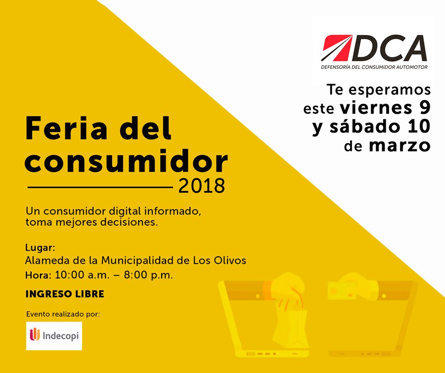 Defensoria_DCA's tweet photo. Te esperamos este 9 y 10 de marzo en la Alameda de la Municipalidad de Los Olivos para que seas parte de la #FeriaDelConsumidor2018, 

 🙋‍♀️🙋‍♂️ ¡Participa con toda tu familia, el ingreso es libre! Más detalles ➡️ https://t.co/AO9FEsvX4z https://t.co/E6kQjUKqBU