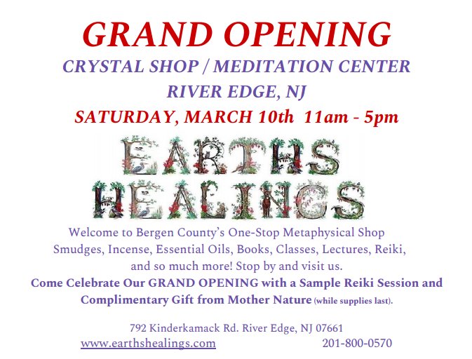 I'm attending a new crystal shop / meditation center's Grand Opening on Saturday. If you're in North NJ, come check it out!