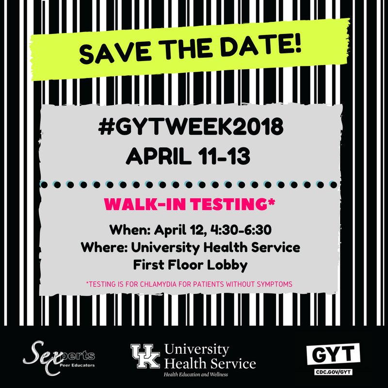 UKSexperts's tweet photo. Stay tuned for full details about our upcoming #GYTWeek2018. But for now, make sure to save the date for our walk-in testing clinic! #SaferIsSweeter #SexEdFun #SexualHealthMatters https://t.co/YlY5rqMP0K
