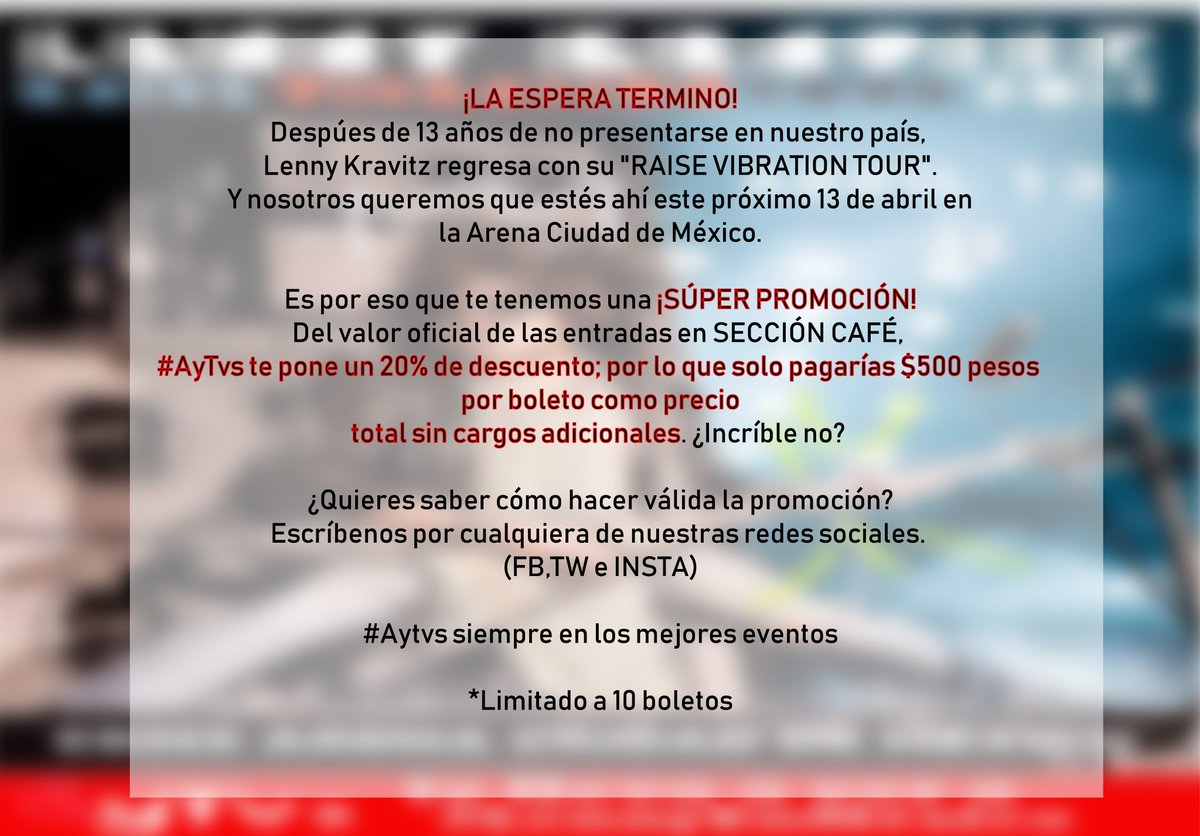 ¡LA ESPERA TERMINO!🤘😎🎤
Despúes de 13 años de no presentarse en nuestro país, 
Lenny Kravitz regresa con su "RAISE VIBRATION TOUR".
 Y nosotros queremos que estés ahí este próximo 13 de abril en la Arena Ciudad de México.  #LennyEnMéxico